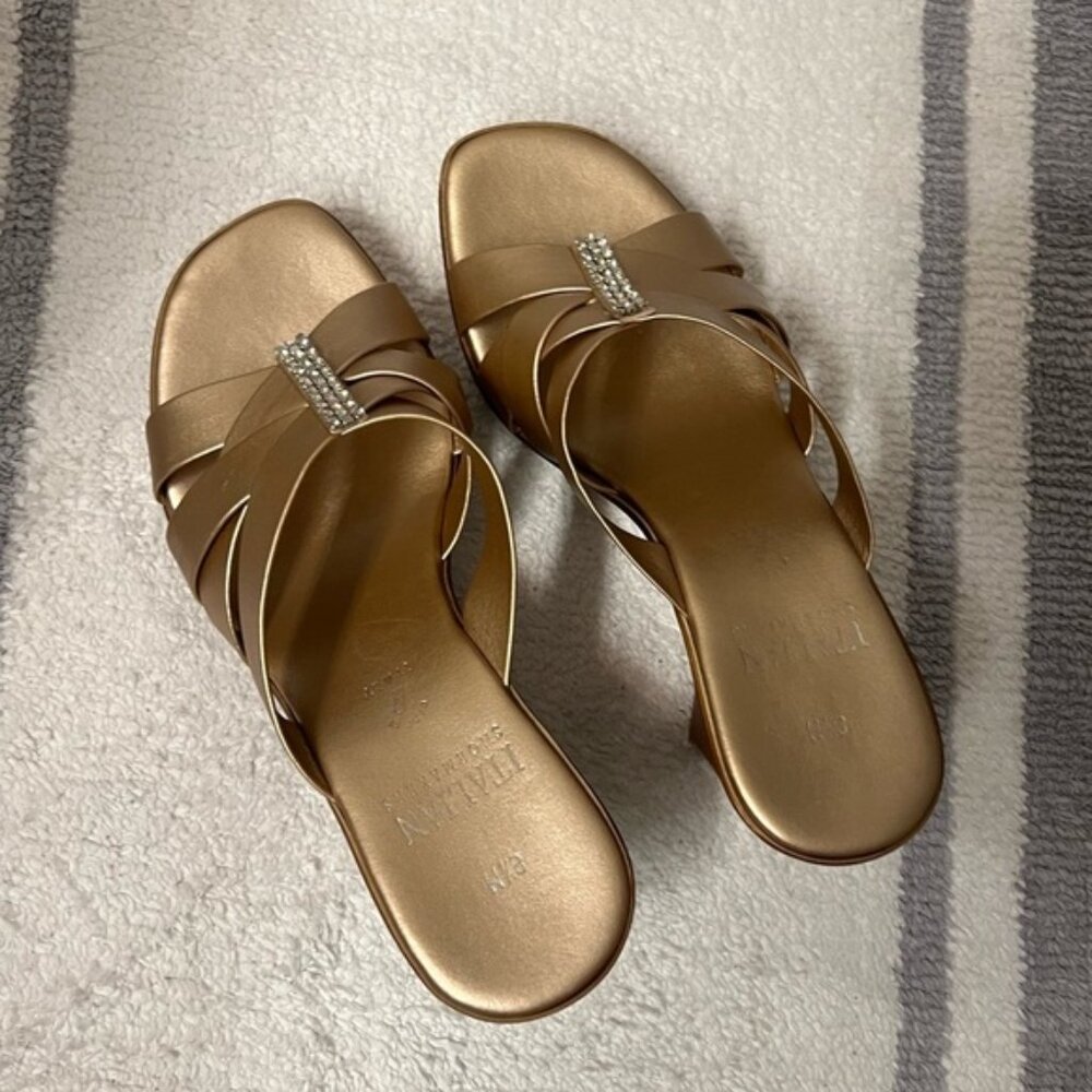 ITALIAN SHOEMAKERS 3” Gold Crystal Dress Leather Kitten Heels Wedge Sandals 8.5 - Picture 3 of 9